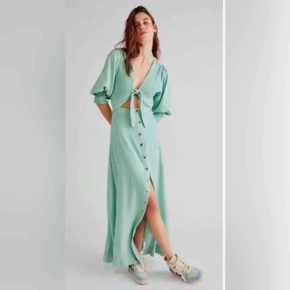 Free People Seafoam Green Tie-Front Button Midi Dress